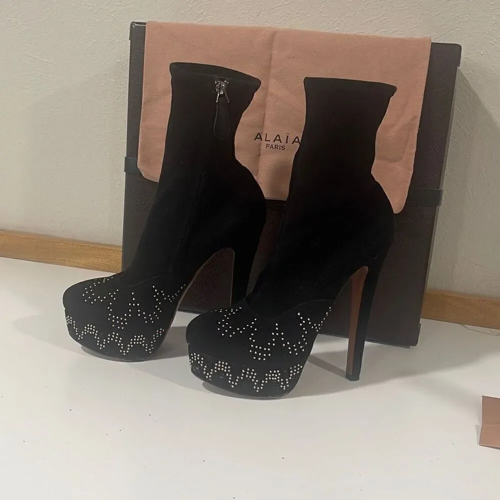 Alaia Black Platform Suede Boots Size 38.5